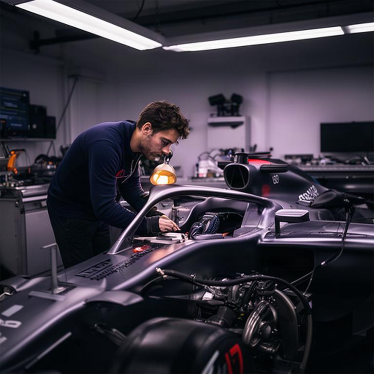 Technicus controleert een Grand Prix raceauto in een verlichte werkplaats in Rijswijk