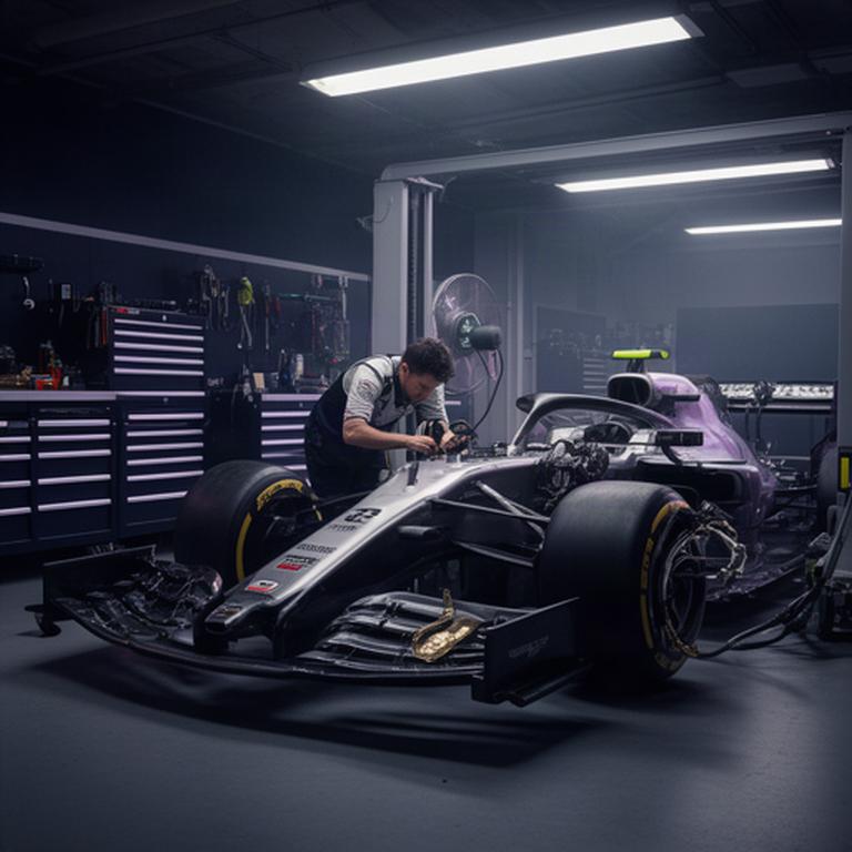 Grand Prix raceauto in een technische werkplaats in Rijswijk tijdens een nauwkeurige pre-race inspectie