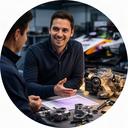 Symfa Cairo bespreekt circuitplanning aan een werkbank met raceonderdelen