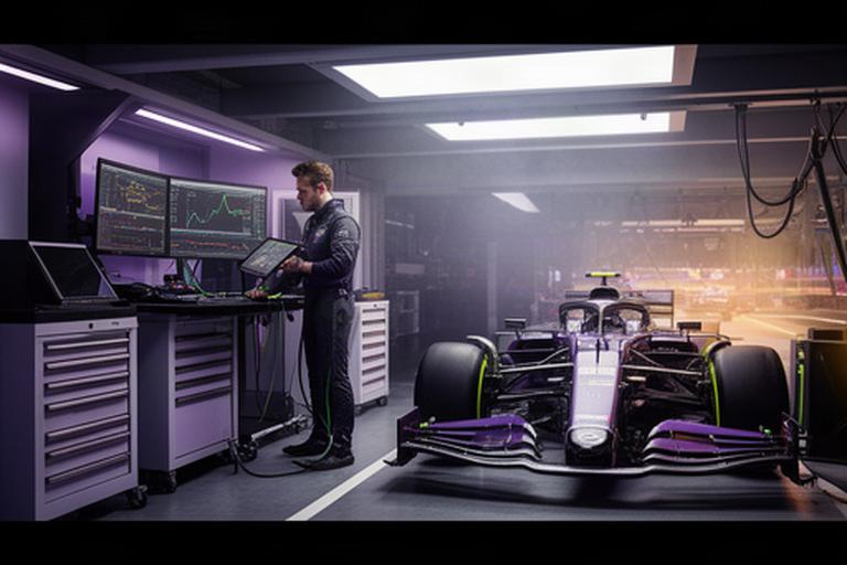 Technicus analyseert telemetriedata naast een Grand Prix-raceauto in een verlichte pitbox
